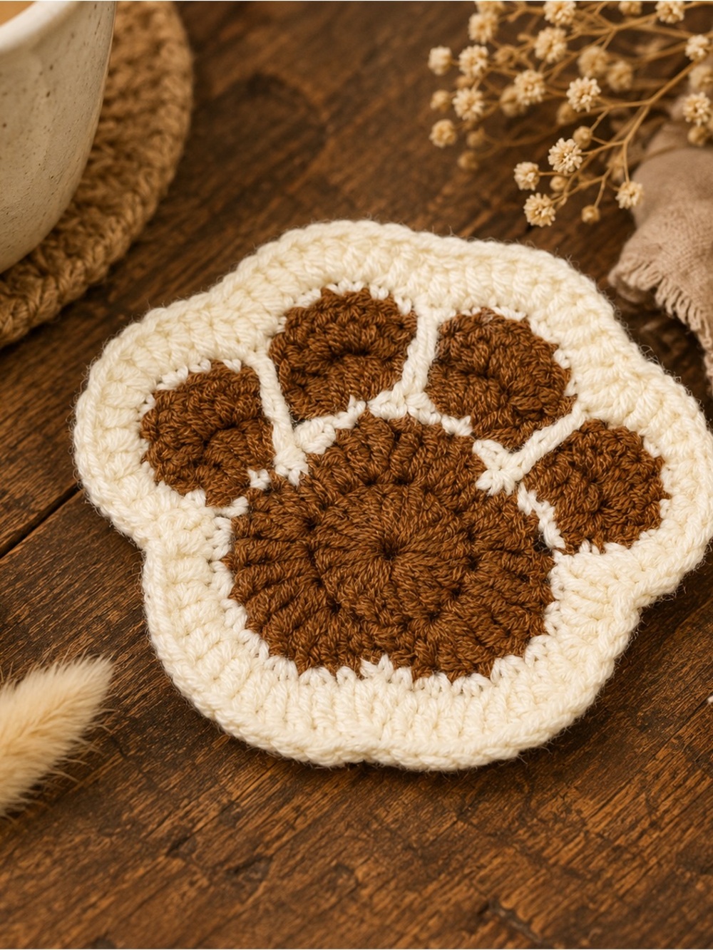 Brown & Cream Crochet Paw Print Coaster – New